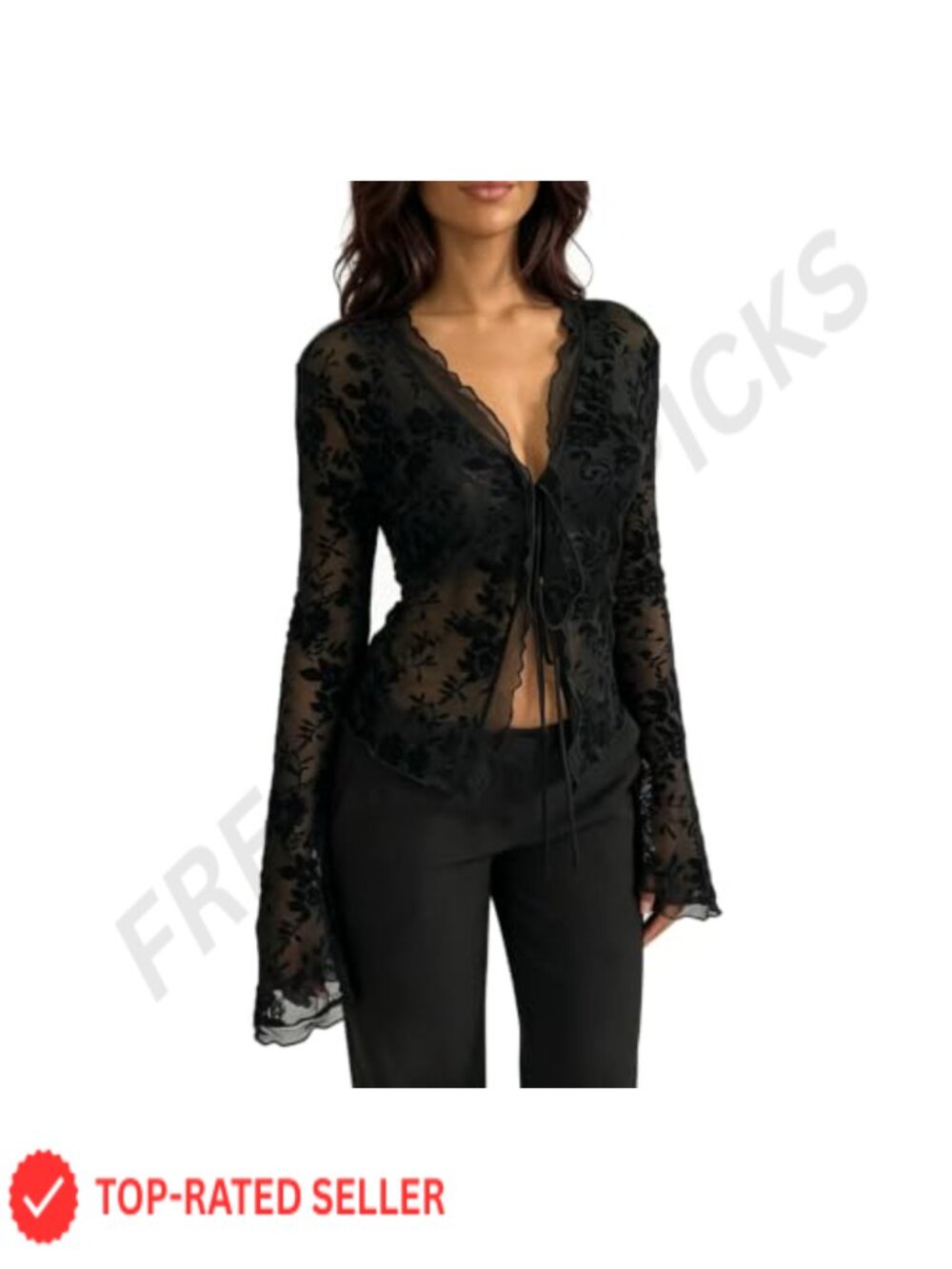 Womens Sheer Lace Mesh Crop Top Long Sleeve Deep V Neck Ruffle Tie Front